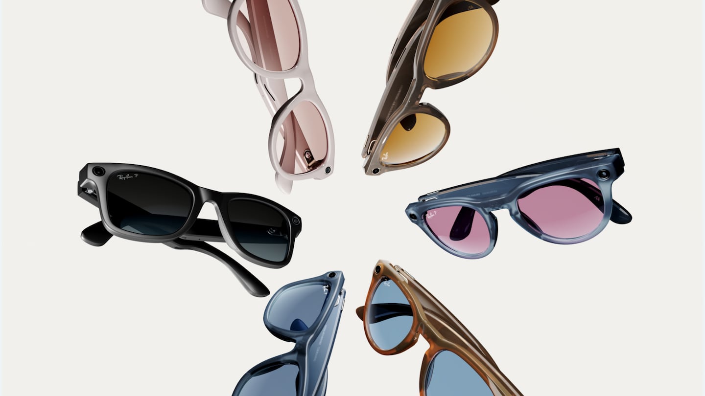 Six pairs of Ray-Ban Meta smart glasses in different colors arranged in a circle.