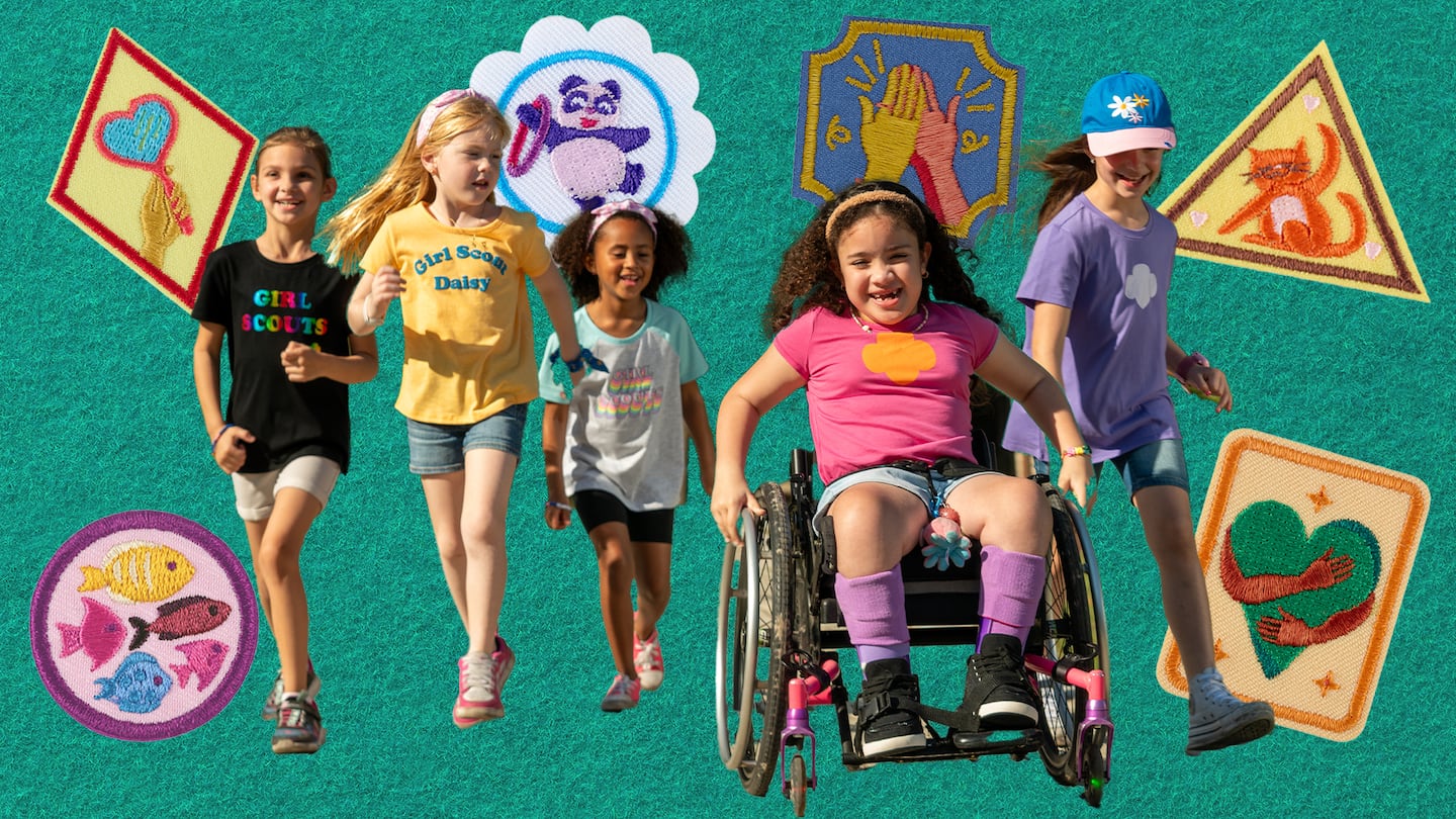 An image of young Girl Scouts surrounded by large patches. One features fish, another features a hand mirror, another has a stretching cat, and so on.