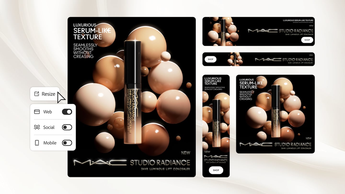 Five different versions of a MAC Cosmetics campaign appear next to each other in different aspect ratios.