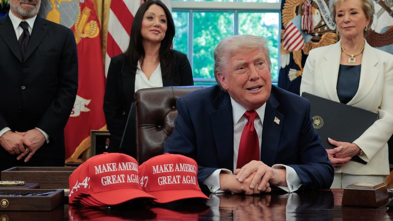 US President Donald Trump speaks to media in the Oval Office in April, 2025.
